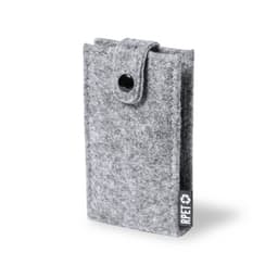 A grey felt phone pouch featuring a flap closure and a logo tag. It is made from recycled materials.