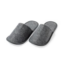 A pair of grey felt slippers with a soft, cushioned sole and open toe design. They feature a simple, classic style.
