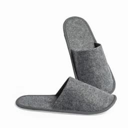 A pair of grey felt slippers with an open design and a pocket on one side.