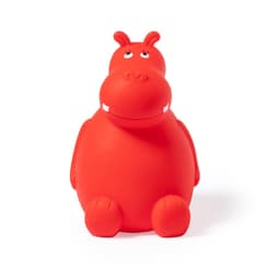 A red hippo-shaped toy with a rounded body and two small ears, featuring a smiling facial expression.