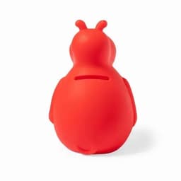 A red drink bottle shaped like a hippo, featuring a rounded body and a slot on top. Includes a logo.