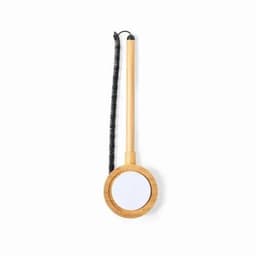 A bamboo drink bottle with a circular body and a coiled black strap. It features a logo on the surface.