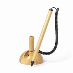A pen with a wooden finish attached to a circular bamboo stand, featuring a coiled black cord.