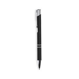 A black pen with a sleek design and silver accents, featuring a clip and a shiny tip.