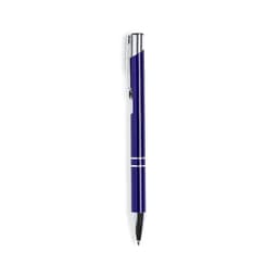 A pen in a deep blue colour featuring a shiny silver clip and accents, with a smooth writing tip.