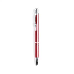 A red pen with a chrome clip and accents, featuring a sleek design and glossy finish.