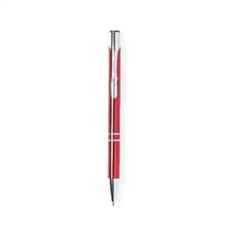 A red pen with a chrome accent and a clip, featuring a sleek design and a shiny finish.