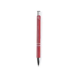 A red pen with a black ballpoint tip, featuring a logo and silver accents.
