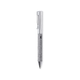 A silver pen with a textured grip and a metal clip, featuring branding on the side.