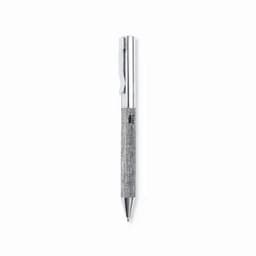 A silver pen with a textured grey grip and a clip. It features a sleek, polished metal design.