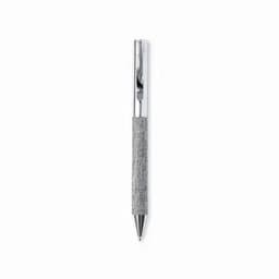 A silver pen with a textured grip and chrome accents, featuring a clip at the top.