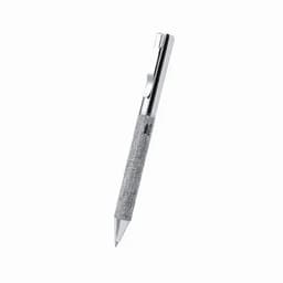 A silver pen with a textured grip and a chrome clip, featuring a sleek, modern design.