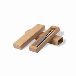 A pen in a cardboard box, featuring a grey textured grip and a smooth barrel, with a second empty box beside it.