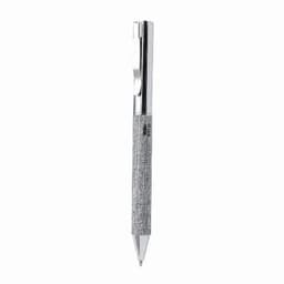 A pen with a silver clip and a textured grey barrel, featuring a chrome tip. It has a logo on its surface.