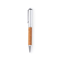 A pen with a chrome finish and a cork grip, featuring a clip and a smooth writing tip.