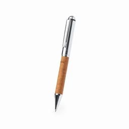 A pen with a chrome finish and a cork grip, featuring a sleek design. It has a clip for securing to pockets or notebooks.