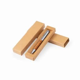 A pen with a wooden grip and silver accents, placed in a plain cardboard box, partially opened.
