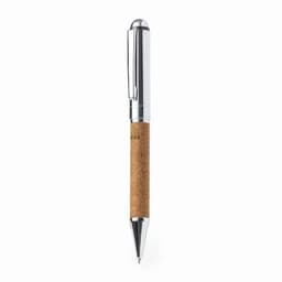 A pen with a chrome top and a natural cork body, featuring a sleek design and a brand logo.