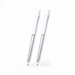 A set of two silver pens with white clips. Each pen has a sleek, metallic finish.