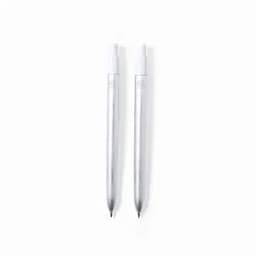 A set of two silver pens with white caps, featuring a logo on each.