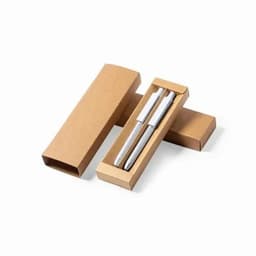 A set of silver pens in a kraft box, with a simple design and an outer box.