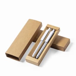 A gift box containing two silver pens, neatly arranged inside a brown cardboard package.