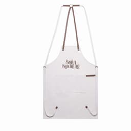 A white apron with brown straps and a pocket. The apron features a decorative logo.