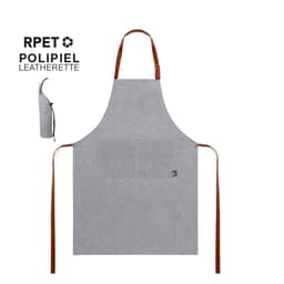 A grey apron with brown straps and a logo, made from RPET leatherette material.
