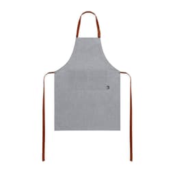 A grey apron with brown straps and a small logo at the front. It features a practical design with no embellishments.