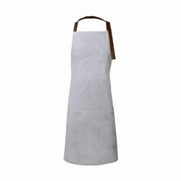 A grey apron featuring a brown leather strap. The design is simple and functional, with no visible logos.