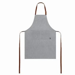 A grey apron with brown straps and a logo at the front. The design is simple and functional.
