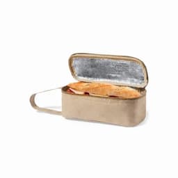 A drink bottle bag in a beige colour with a silver insulated interior, featuring a carrying handle.