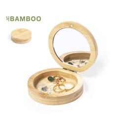 A bamboo ring holder with a circular design, featuring a mirror and displaying several rings inside.