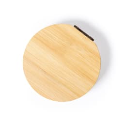 A round bamboo lid with a metallic clasp, featuring a smooth, natural wood texture.
