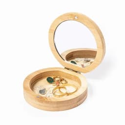 A round bamboo jewellery box with a mirror inside, showcasing rings and earrings. The box is light brown in colour.