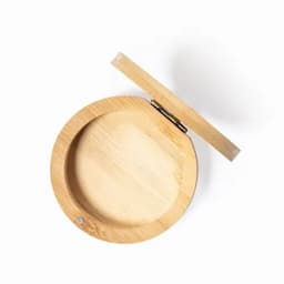 A round bamboo box with a hinged lid, showcasing a smooth, natural wood finish. It features a simple, minimalist design.