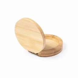A bamboo compact mirror with a circular design, featuring a smooth, natural finish. It has a simple hinge mechanism.