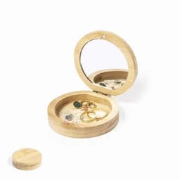 A wooden jewellery box with a mirror, containing rings and small decorative items, alongside a matching removable lid.