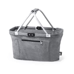 A grey folding tote bag with metal handles and a zippered pocket on one side. It has a simple and modern design.