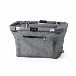 A storage basket in grey fabric with a zippered pocket and metallic handles. Features a structured, spacious design.