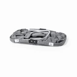 A grey folding seat with a sturdy frame, featuring straps for secure fastening. It has a minimalistic design.