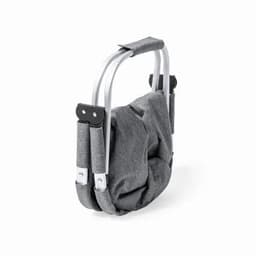 A folding bag with a grey fabric body and silver handles, featuring a compact design for easy storage.