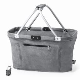 A grey shopping basket with metal handles and a zippered pocket, featuring a logo on the side.