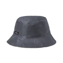 A grey bucket hat with a textured finish and a small logo on the side.