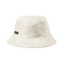 A bucket hat in a light beige colour with a black logo patch. The fabric has a smooth, shiny finish.