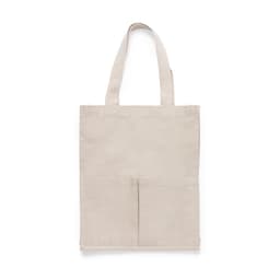 A beige tote bag with two front pockets and long handles. The bag has a simple and minimalist design.