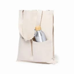 A beige tote bag with a silver drink bottle featuring a wooden lid tucked in one of its pockets.