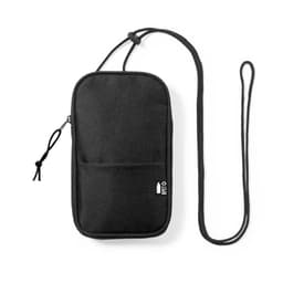 A black pouch with a strap, featuring a front pocket and a logo, suitable for carrying small items.