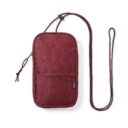 A maroon pouch with a textured finish, featuring a drawstring closure and an adjustable strap.