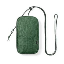 A green woven pouch with a strap, featuring a zip closure and a small logo.